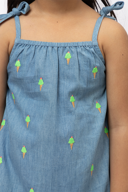 Denim Scoops – Cotton Denim Dress With Ice Cream Embroidery