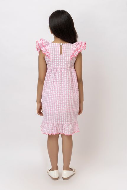 Holiday Ruffles – Pink Cotton Seersucker Scalloped Dress