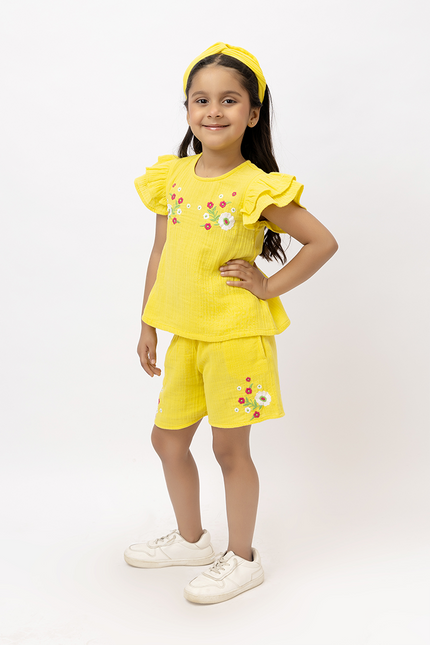 Ruffle Rush Yellow Double Gauze Cotton Embroidery Co-ord Set
