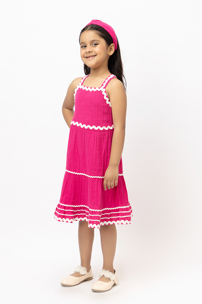 Candy Cascade – Pink Double Gauze Cotton Dress with Lace
