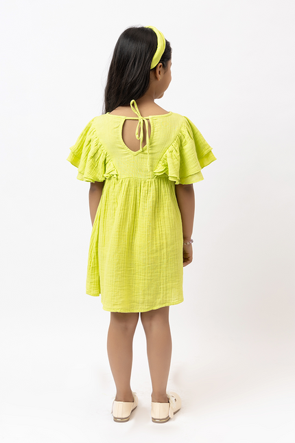 Flitter Flutter Lime -  Double Gauze Cotton Dress Velvet Bow