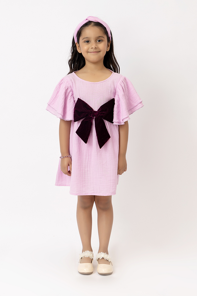 Flitter Flutter Lilac – Double Gauze Cotton Dress Velvet Bow