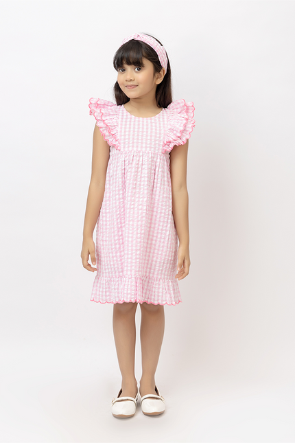 Holiday Ruffles – Pink Cotton Seersucker Scalloped Dress
