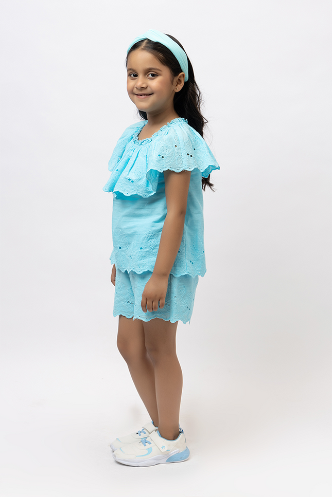 Joyful Schiffli - Aqua Blue Cotton Co-ord Set