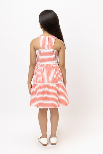 Peppy Stripes - Coral Cotton Seersucker Dress With Lace