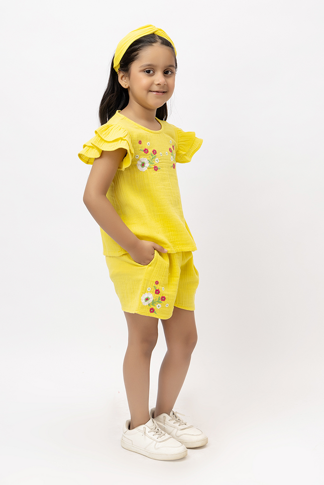 Ruffle Rush Yellow Double Gauze Cotton Embroidery Co-ord Set