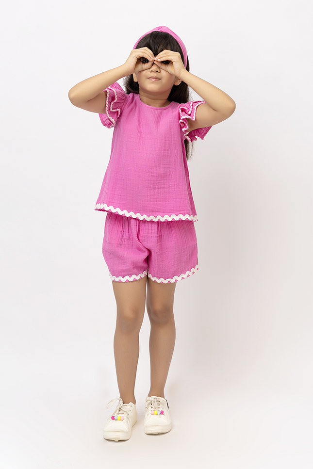 Ruffle Rush Pink Double Gauze Cotton Lace Co-ord Set