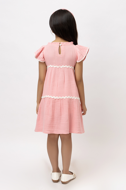 Petal Pop - Pink Cotton Double Gauze Dress With Lace