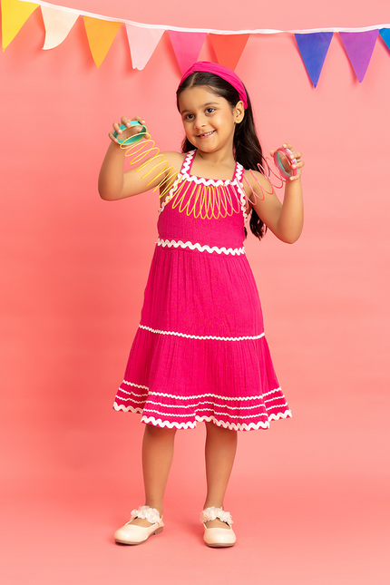 Candy Cascade – Pink Double Gauze Cotton Dress with Lace