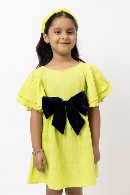 Flitter Flutter Lime -  Double Gauze Cotton Dress Velvet Bow