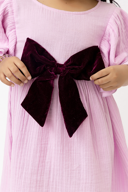 Flitter Flutter Lilac – Double Gauze Cotton Dress Velvet Bow