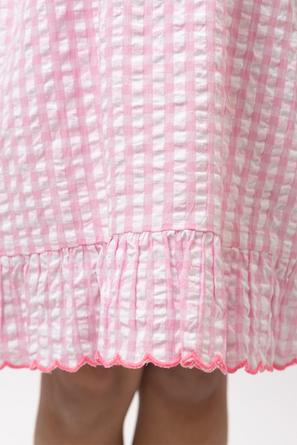 Holiday Ruffles – Pink Cotton Seersucker Scalloped Dress