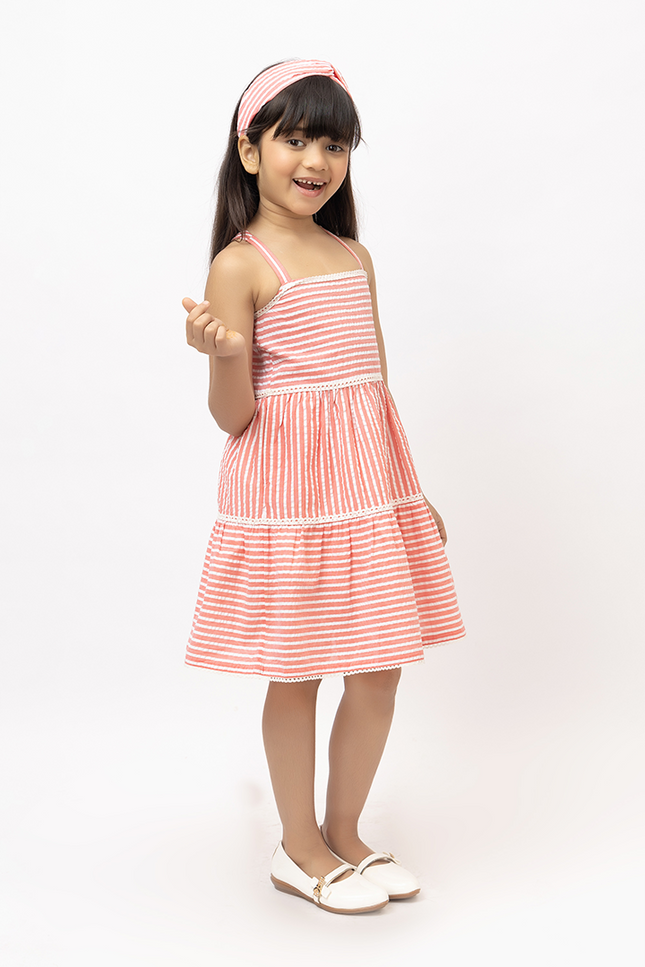 Peppy Stripes - Coral Cotton Seersucker Dress With Lace