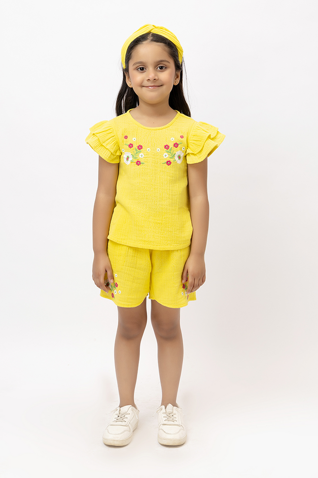 Ruffle Rush Yellow Double Gauze Cotton Embroidery Co-ord Set