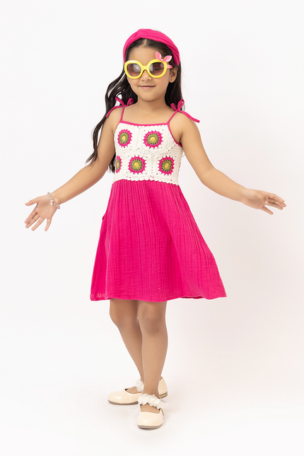 Sunbeam Twirl Pink – Double Gauze Cotton Crochet Panel Dress
