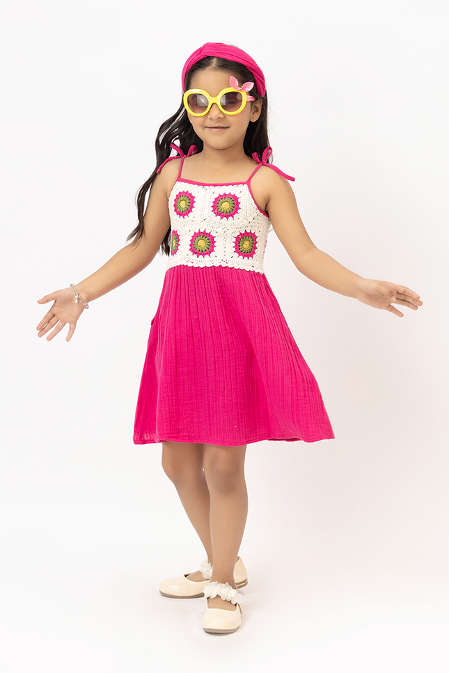 Sunbeam Twirl Pink – Double Gauze Cotton Crochet Panel Dress