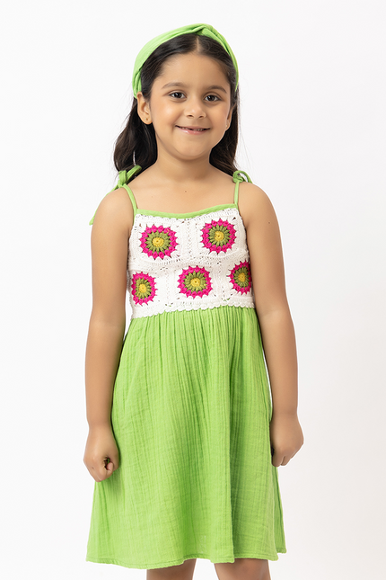 Sunbeam Twirl Lime – Double Gauze Cotton Crochet Panel Dress