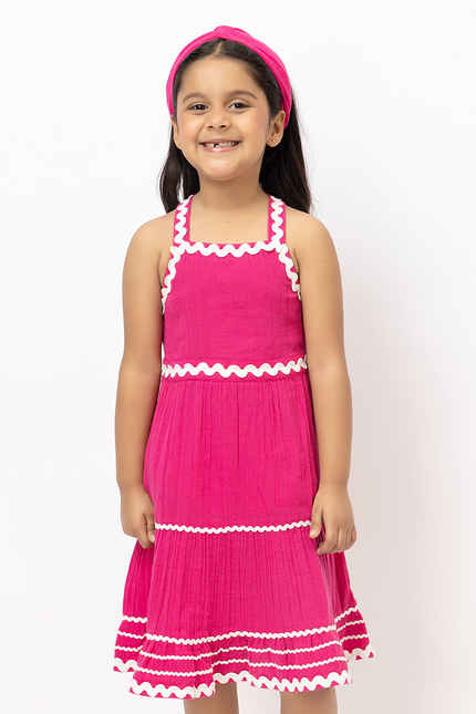 Candy Cascade – Pink Double Gauze Cotton Dress with Lace