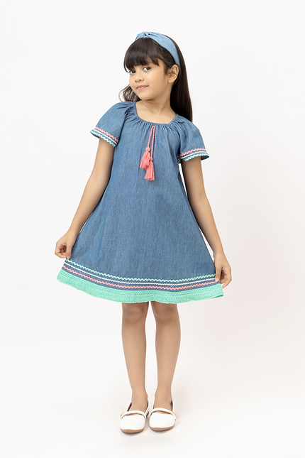 Denim Delight – Soft Denim Dress With Colourful Lace