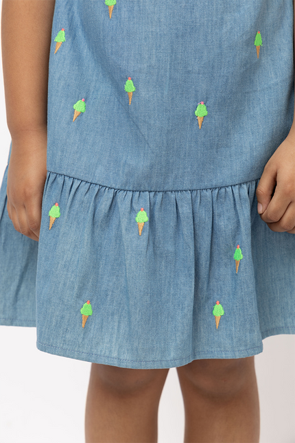 Denim Scoops – Cotton Denim Dress With Ice Cream Embroidery