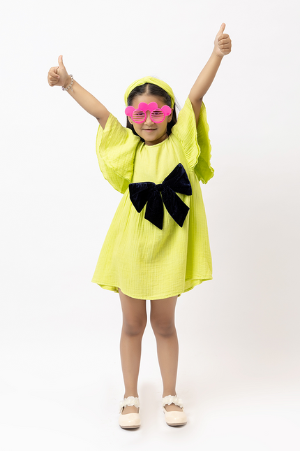 Flitter Flutter Lime -  Double Gauze Cotton Dress Velvet Bow