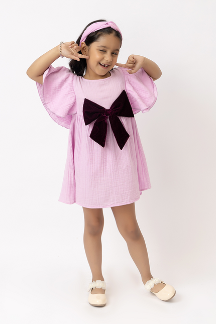 Flitter Flutter Lilac – Double Gauze Cotton Dress Velvet Bow