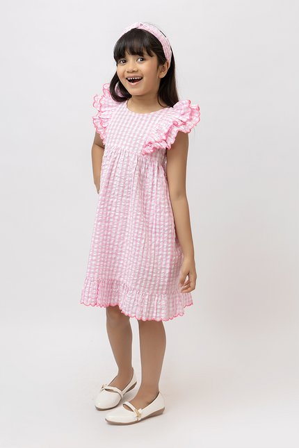 Holiday Ruffles – Pink Cotton Seersucker Scalloped Dress