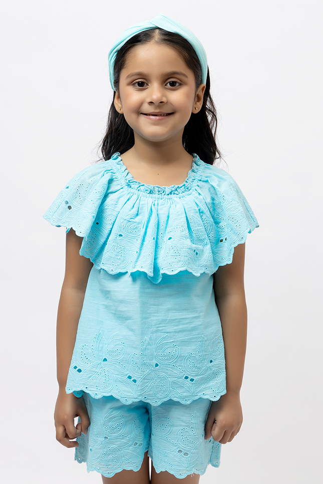 Joyful Schiffli - Aqua Blue Cotton Co-ord Set