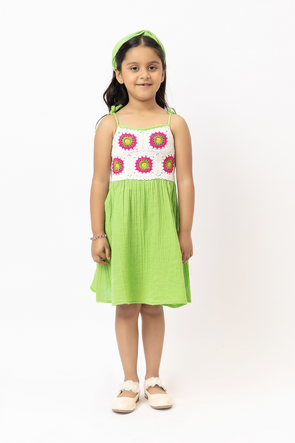 Sunbeam Twirl Lime – Double Gauze Cotton Crochet Panel Dress
