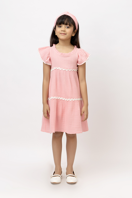 Petal Pop - Pink Cotton Double Gauze Dress With Lace