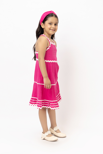 Candy Cascade – Pink Double Gauze Cotton Dress with Lace