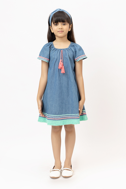 Denim Delight – Soft Denim Dress With Colourful Lace