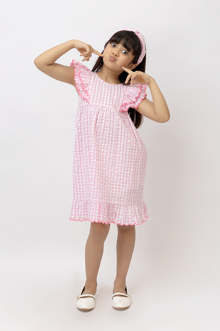 Holiday Ruffles – Pink Cotton Seersucker Scalloped Dress