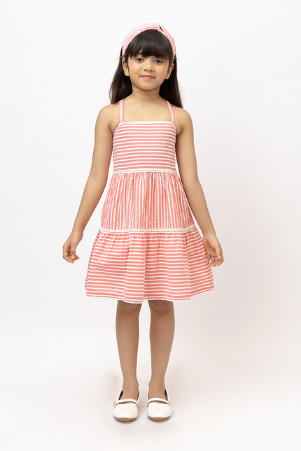 Peppy Stripes - Coral Cotton Seersucker Dress With Lace