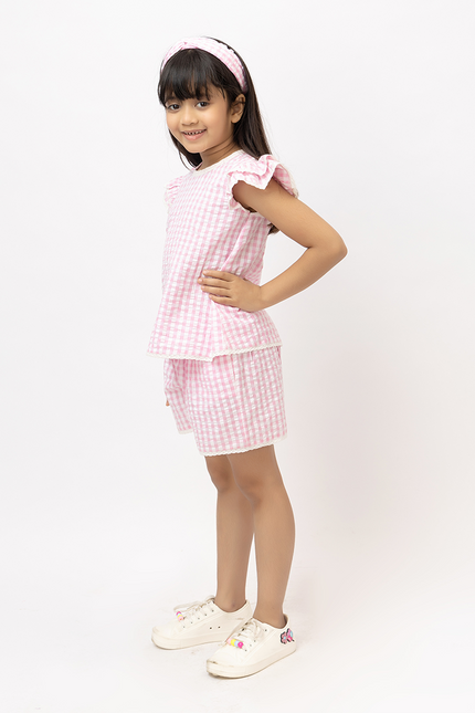 Ruffle Rush Pink Checks- Cotton Seersucker Lace Co-Ord Set
