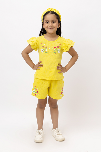 Ruffle Rush Yellow Double Gauze Cotton Embroidery Co-ord Set