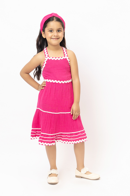 Candy Cascade – Pink Double Gauze Cotton Dress with Lace