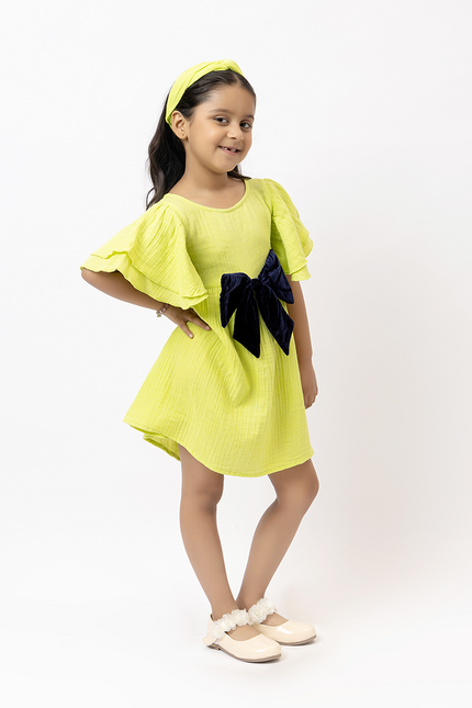 Flitter Flutter Lime -  Double Gauze Cotton Dress Velvet Bow