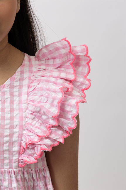 Holiday Ruffles – Pink Cotton Seersucker Scalloped Dress