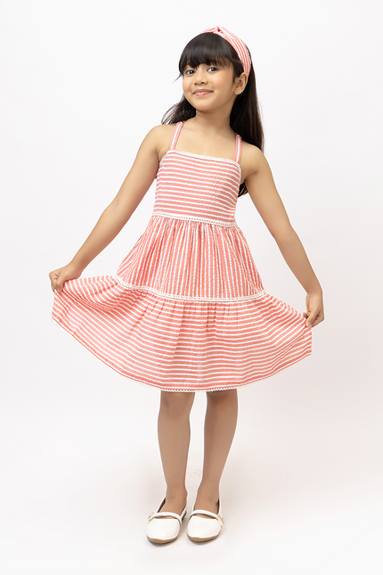 Peppy Stripes - Coral Cotton Seersucker Dress With Lace