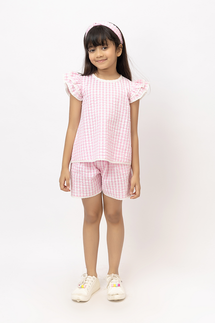 Ruffle Rush Pink Checks- Cotton Seersucker Lace Co-Ord Set