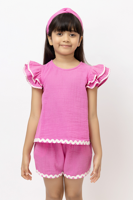 Ruffle Rush Pink Double Gauze Cotton Lace Co-ord Set