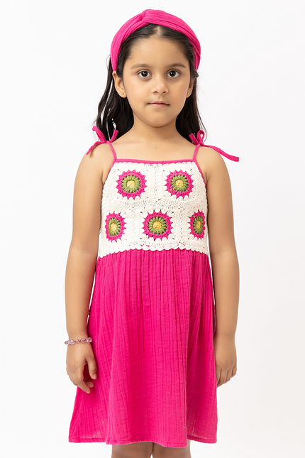 Sunbeam Twirl Pink – Double Gauze Cotton Crochet Panel Dress