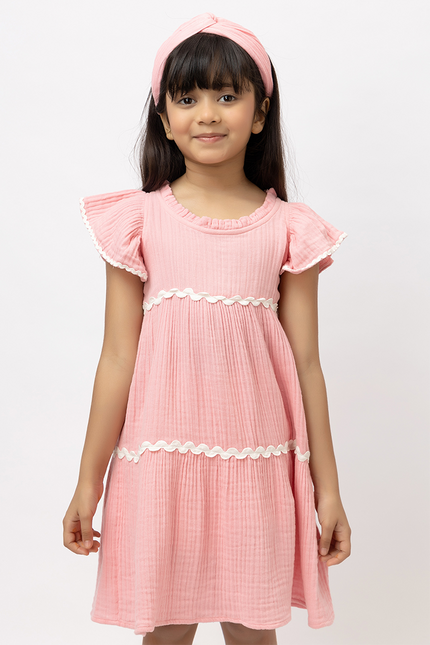 Petal Pop - Pink Cotton Double Gauze Dress With Lace