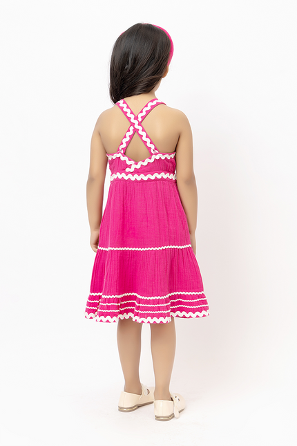 Candy Cascade – Pink Double Gauze Cotton Dress with Lace