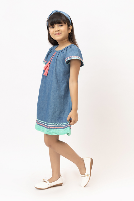 Denim Delight – Soft Denim Dress With Colourful Lace
