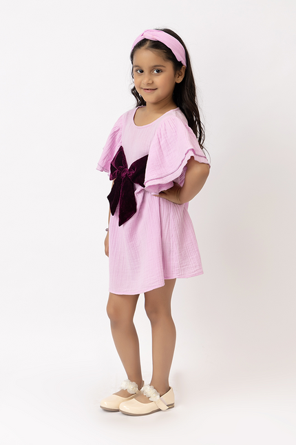 Flitter Flutter Lilac – Double Gauze Cotton Dress Velvet Bow