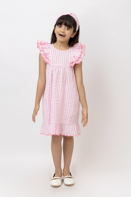 Holiday Ruffles – Pink Cotton Seersucker Scalloped Dress