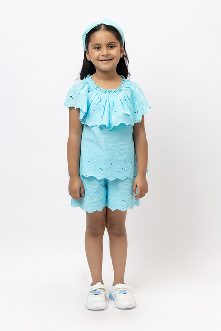 Joyful Schiffli - Aqua Blue Cotton Co-ord Set