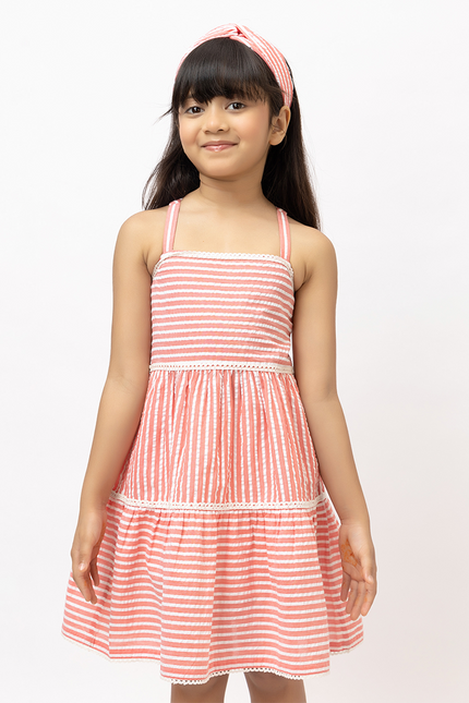 Peppy Stripes - Coral Cotton Seersucker Dress With Lace